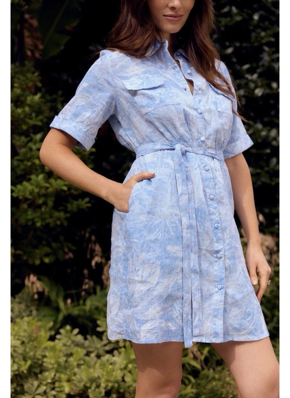 Olivia By Livro Women’s Tilly Shirt Dress 100% Linen Blue Tropical Size L NWT